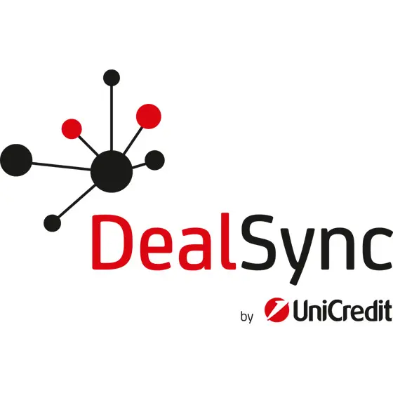 Logo „DealSync by UniCredit“ mit verbundenen roten/schwarzen Kreisen als Netzwerk-Grafik.