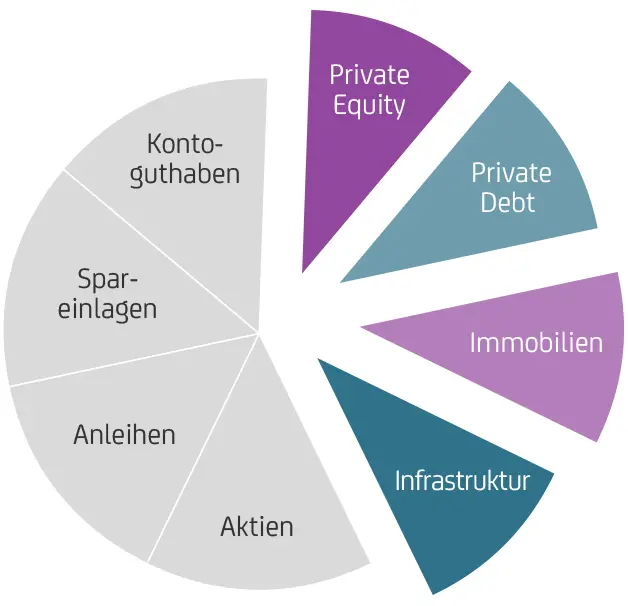 Kreisdiagramm zeigt Anlageklassen: Grau für klassische, Blau/Violett für alternative Investments.