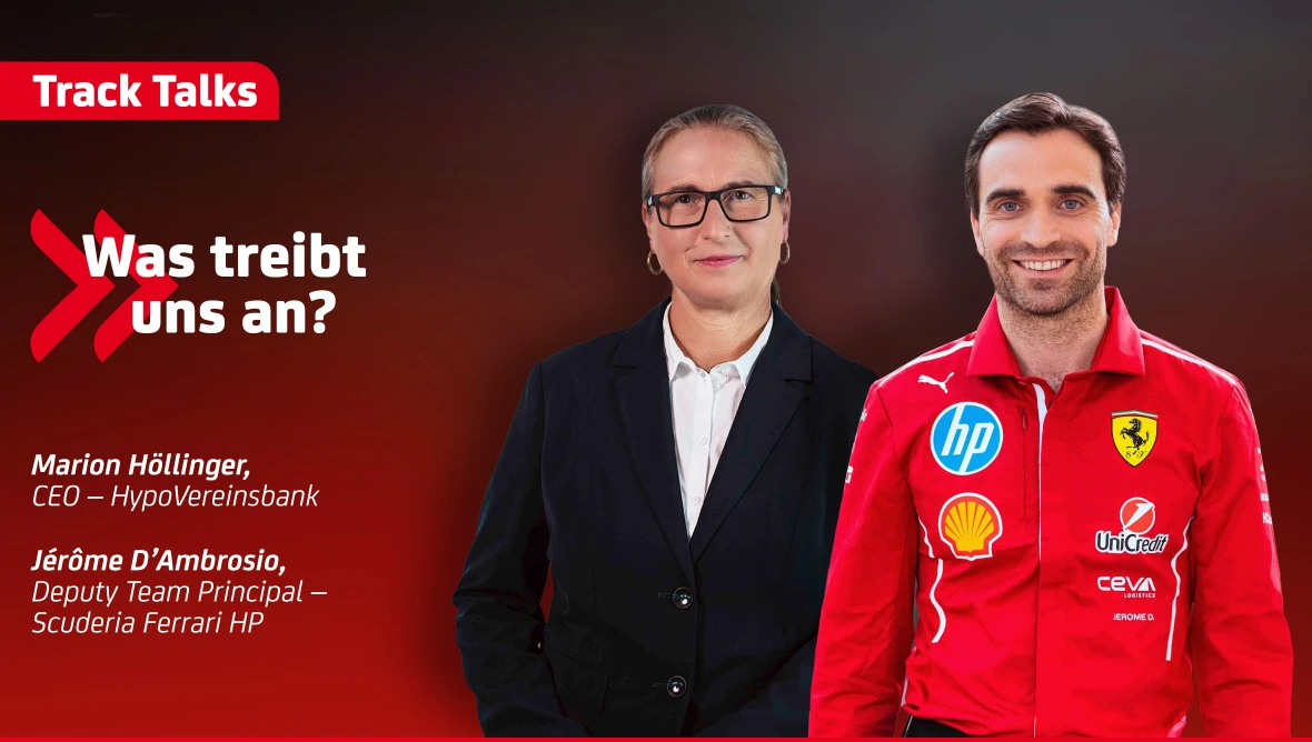 Marion Höllinger von Hypovereinsbank und Jérôme D’Ambrosio von Ferrari  zum Thema "Was treibt uns an?".