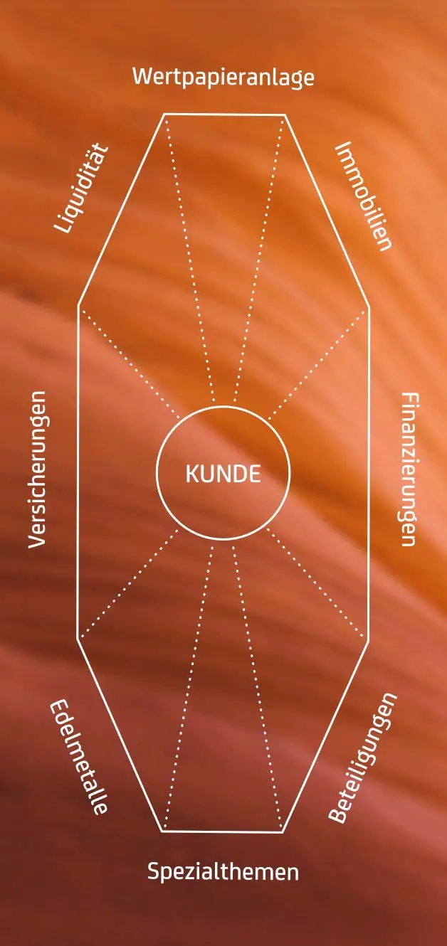 Achteckige Grafik mit „Kunde“ im Zentrum und acht Finanzthemen rundherum: u. a. Wertpapiere, Immobilien, Liquidität, Versicherungen.